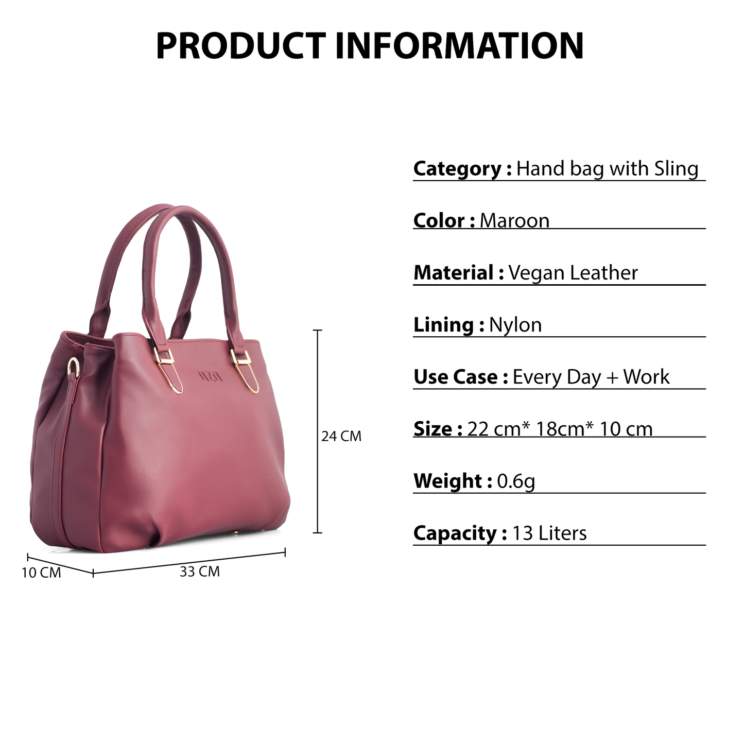 Maroon Vegan Leather Hand Bag with Sling - Detachable Strap, Spacious Compartments, Daily Use & Work Bag