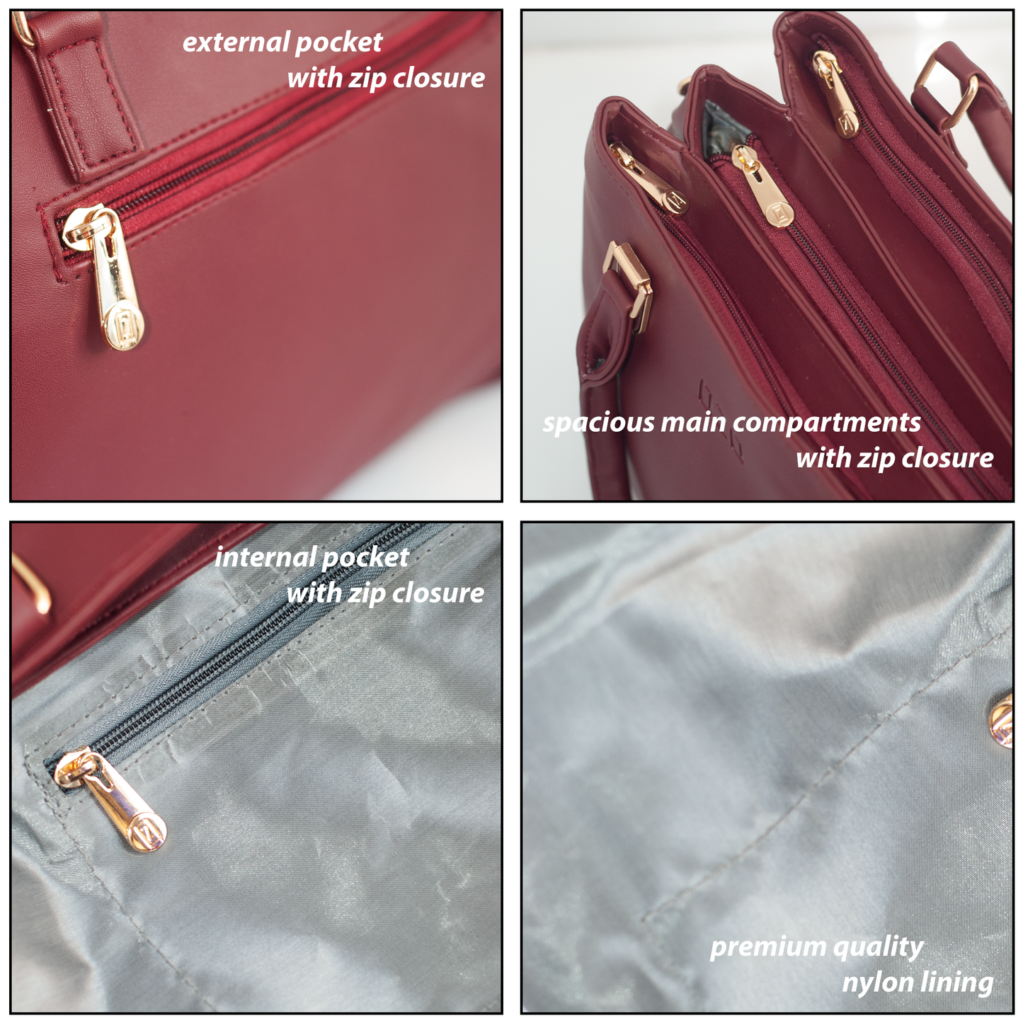 Maroon Vegan Leather Hand Bag with Sling - Detachable Strap, Spacious Compartments, Daily Use & Work Bag