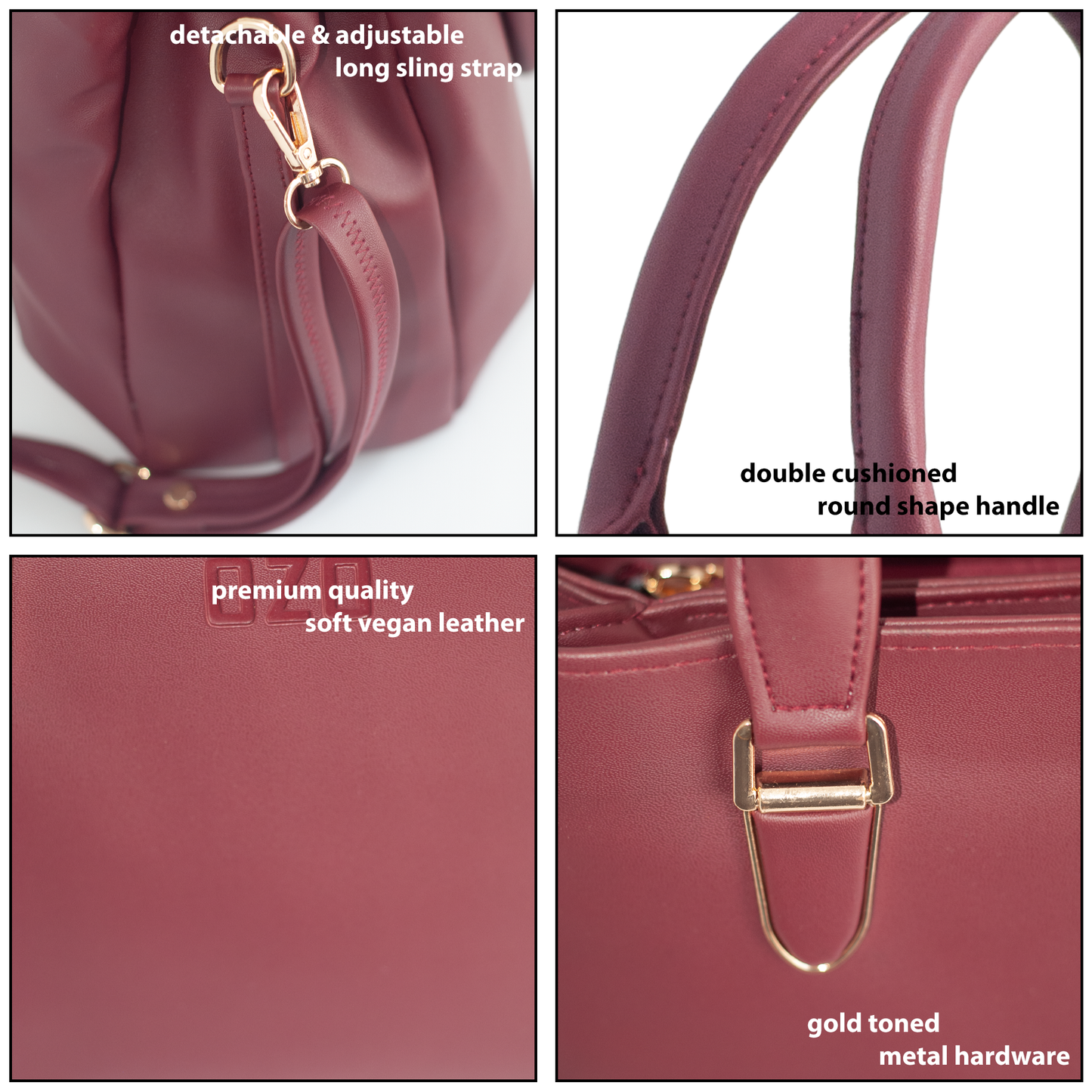 Maroon Vegan Leather Hand Bag with Sling - Detachable Strap, Spacious Compartments, Daily Use & Work Bag