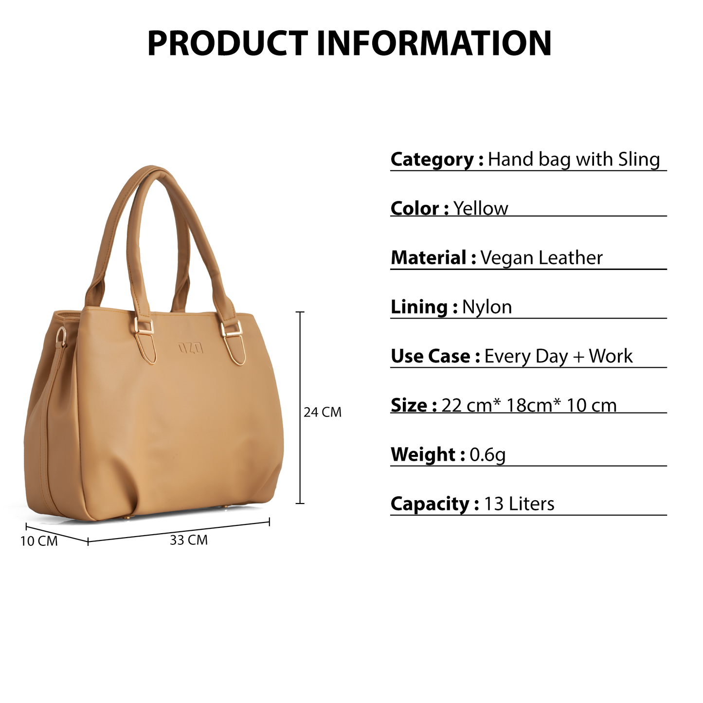 Yellow Vegan Leather Hand Bag with Sling - Detachable Strap, Spacious Compartments, Daily Use & Work Bag