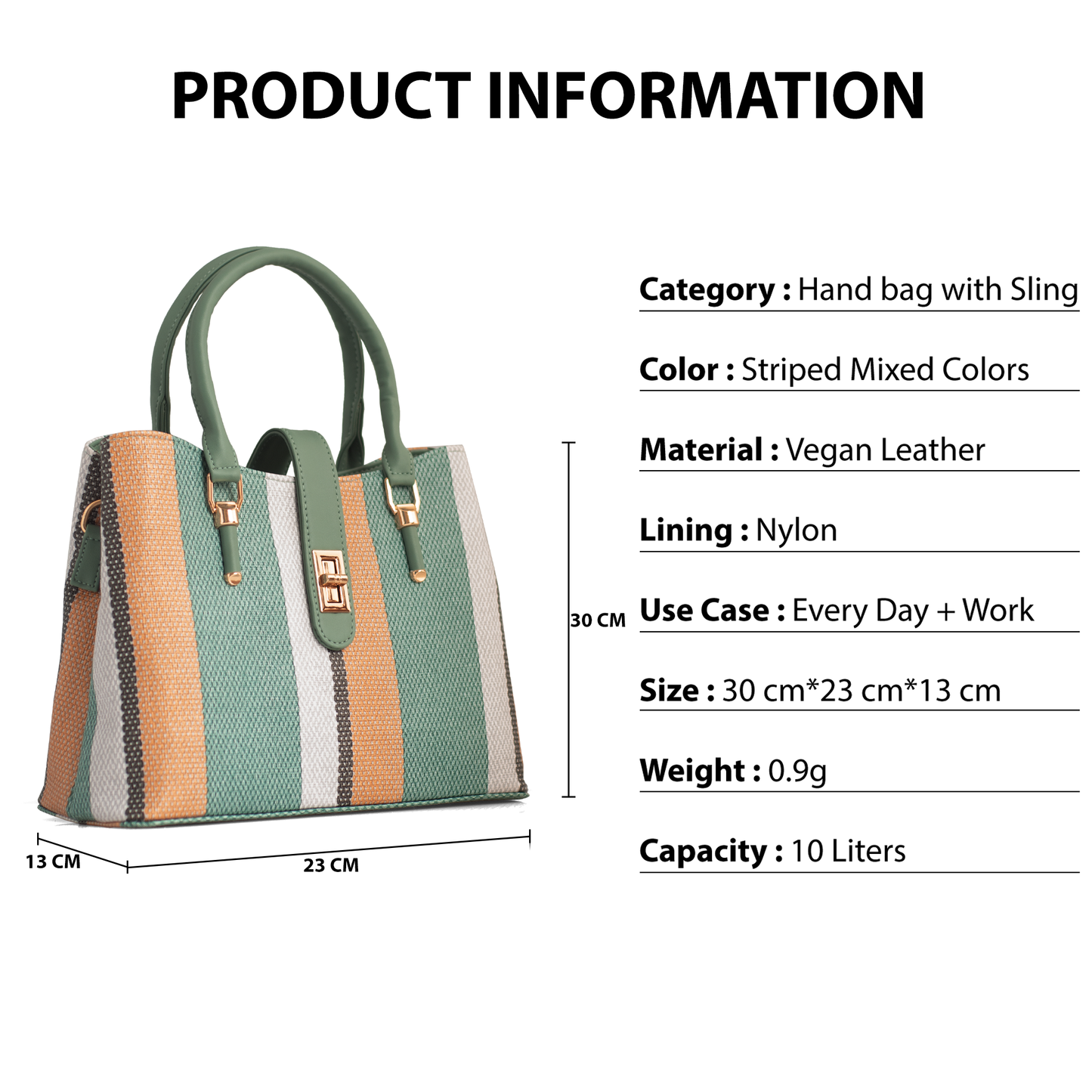 Stylish Striped Vegan Leather Handbag with Sling – Everyday & Work Use, 10L Capacity