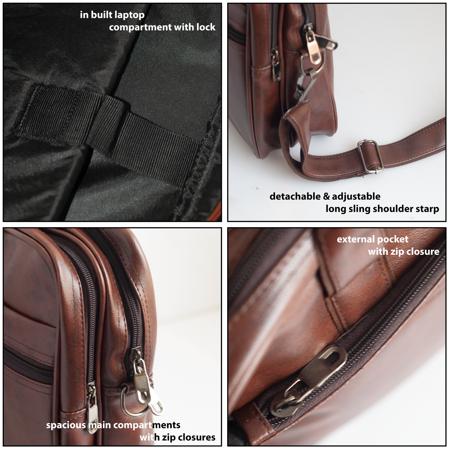 Premium Vegan Leather Laptop Bag with Detachable Compartments and Adjustable Strap