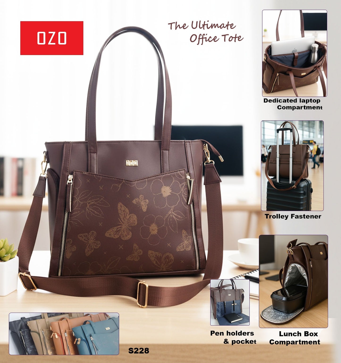 OZO Ultimate Office Tote Bag for Women – 14” Laptop Compartment, Lunch Box Section, Trolley Fastener, Premium Vegan Leather Work Bag