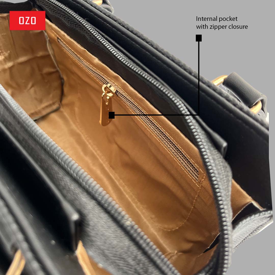 OZO Women’s Vegan Leather Handbag – Elegant Black Shoulder Bag with Zipper Closure, Multiple Pockets & Premium Gold Hardware