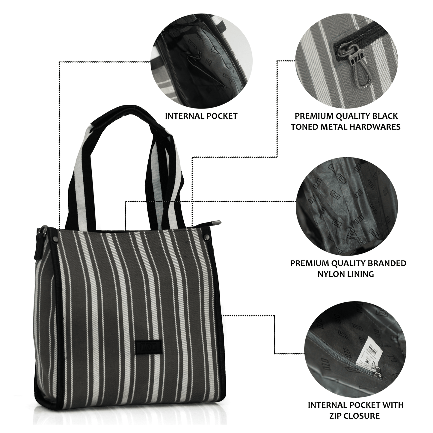 OZO Premium Striped Cotton Tote Bag with Multiple Pockets and Sling Strap - Durable, Lightweight, and Stylish Handbag for Women - OZO Bags