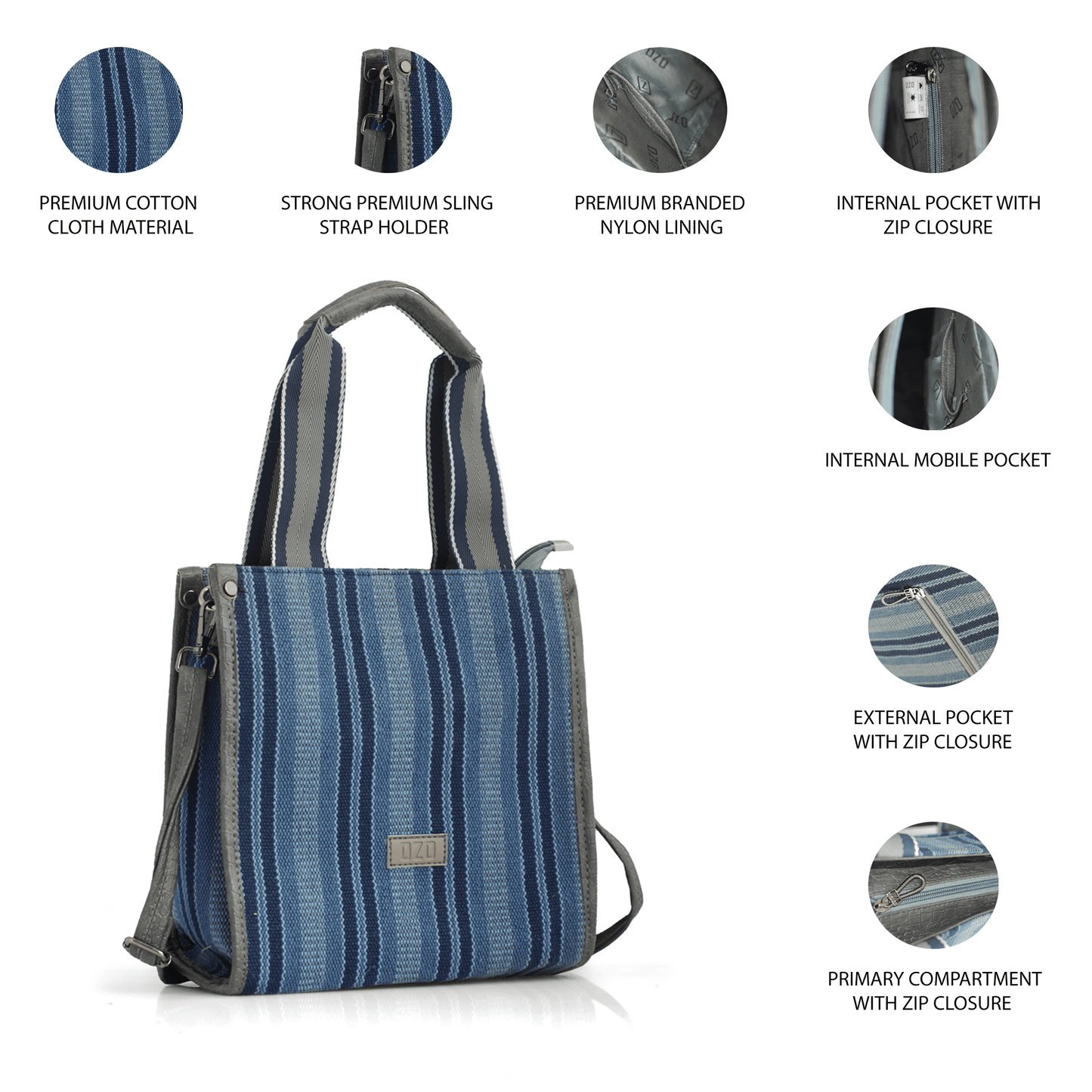 OZO Premium Striped Cotton Tote Bag with Multiple Pockets and Sling Strap - Durable, Lightweight, and Stylish Handbag for Women - OZO Bags