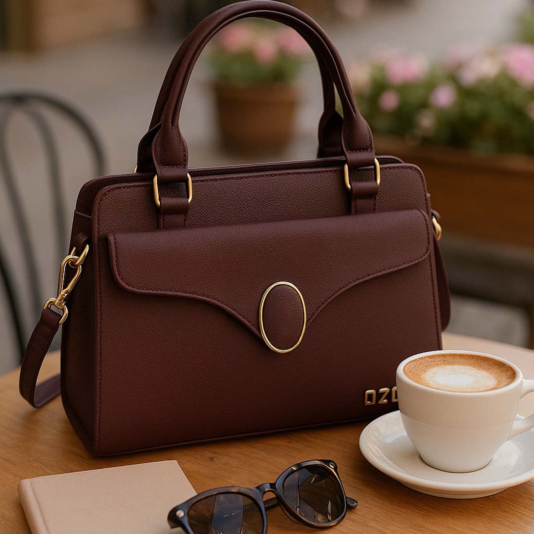 OZO Women’s Vegan Leather Handbag – Elegant Black Shoulder Bag with Zipper Closure, Multiple Pockets & Premium Gold Hardware