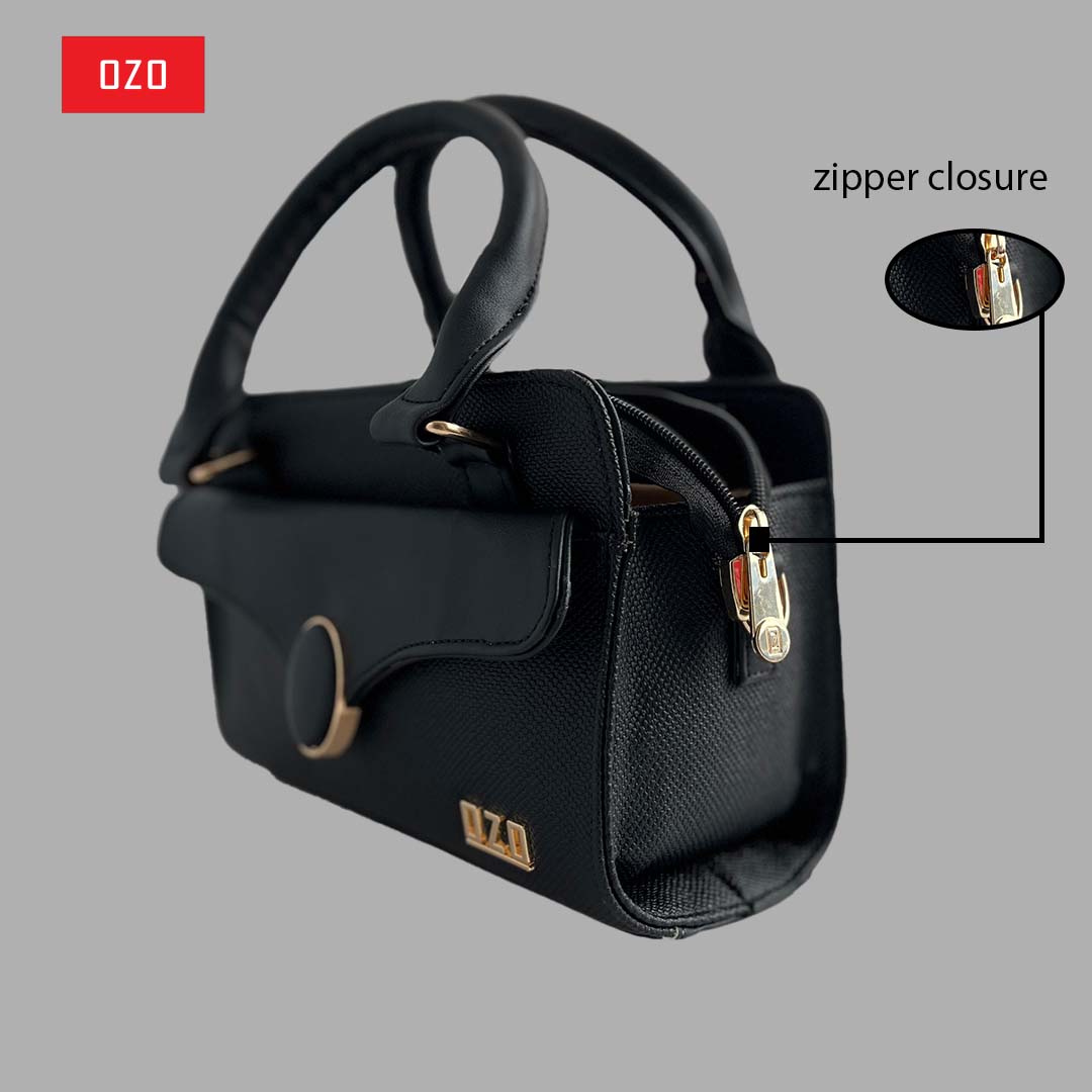 OZO Women’s Vegan Leather Handbag – Elegant Black Shoulder Bag with Zipper Closure, Multiple Pockets & Premium Gold Hardware