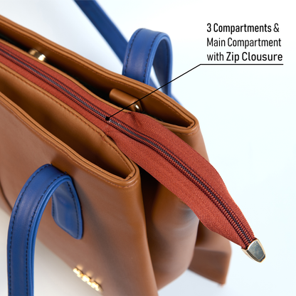 Stylish OZO Vegan Leather Tote Bag – Brown & Blue Handbag with Adjustable Strap for Women