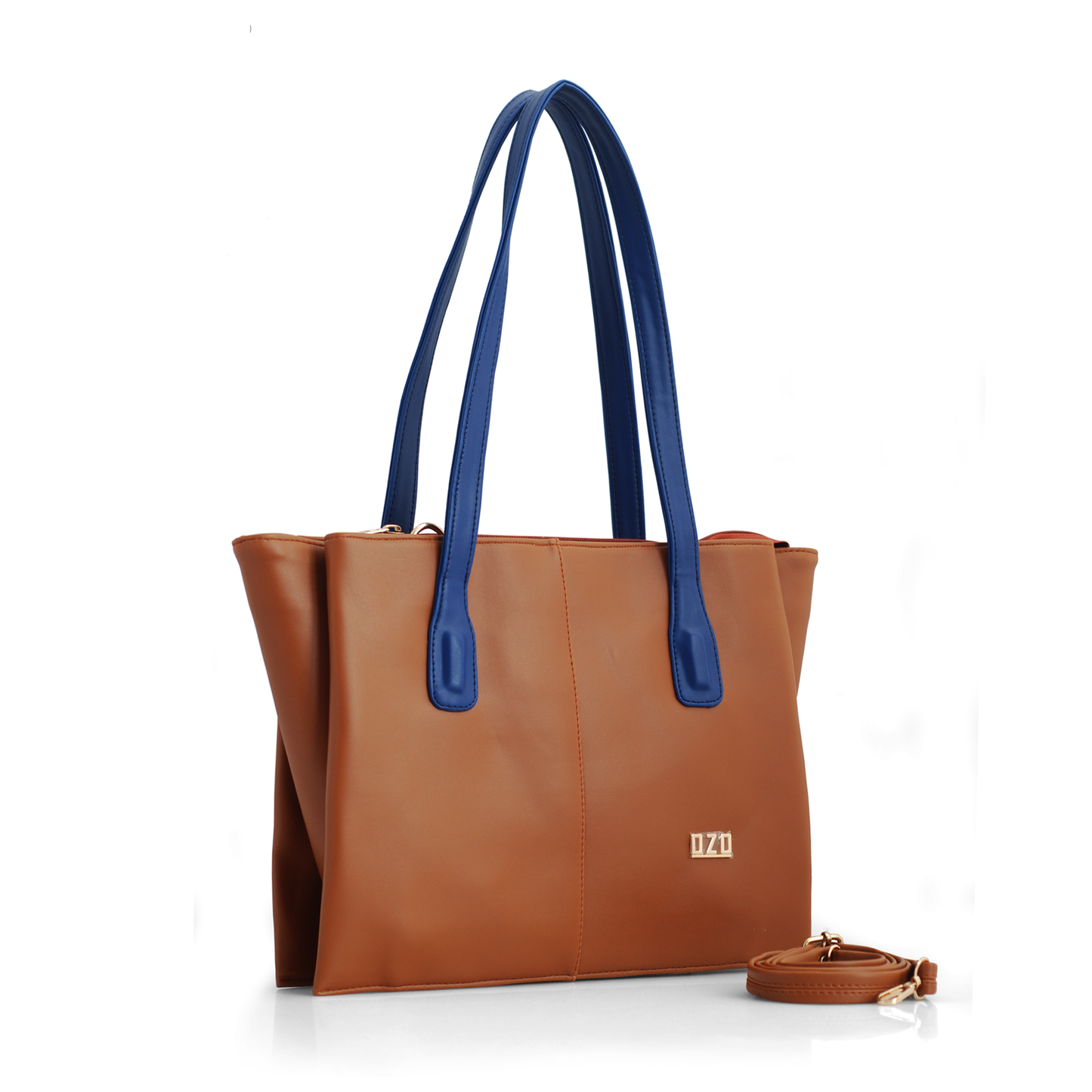 Stylish OZO Vegan Leather Tote Bag – Brown & Blue Handbag with Adjustable Strap for Women