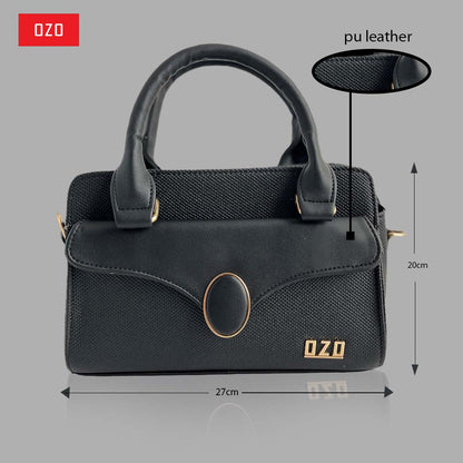 OZO Women’s Vegan Leather Handbag – Elegant Black Shoulder Bag with Zipper Closure, Multiple Pockets & Premium Gold Hardware