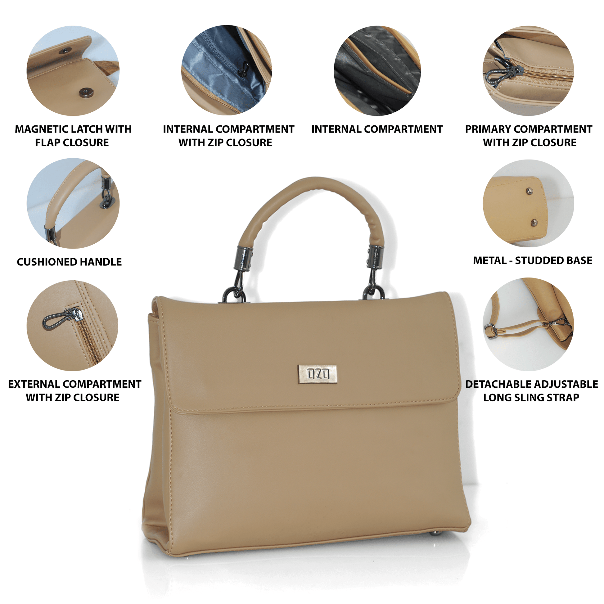 Elegant Beige Handbag with Adjustable Strap, Multiple Compartments & Cushioned Handle - OZO Bags