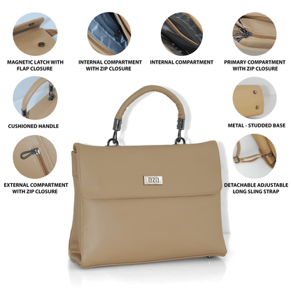 Elegant Beige Handbag with Adjustable Strap, Multiple Compartments & Cushioned Handle - OZO Bags