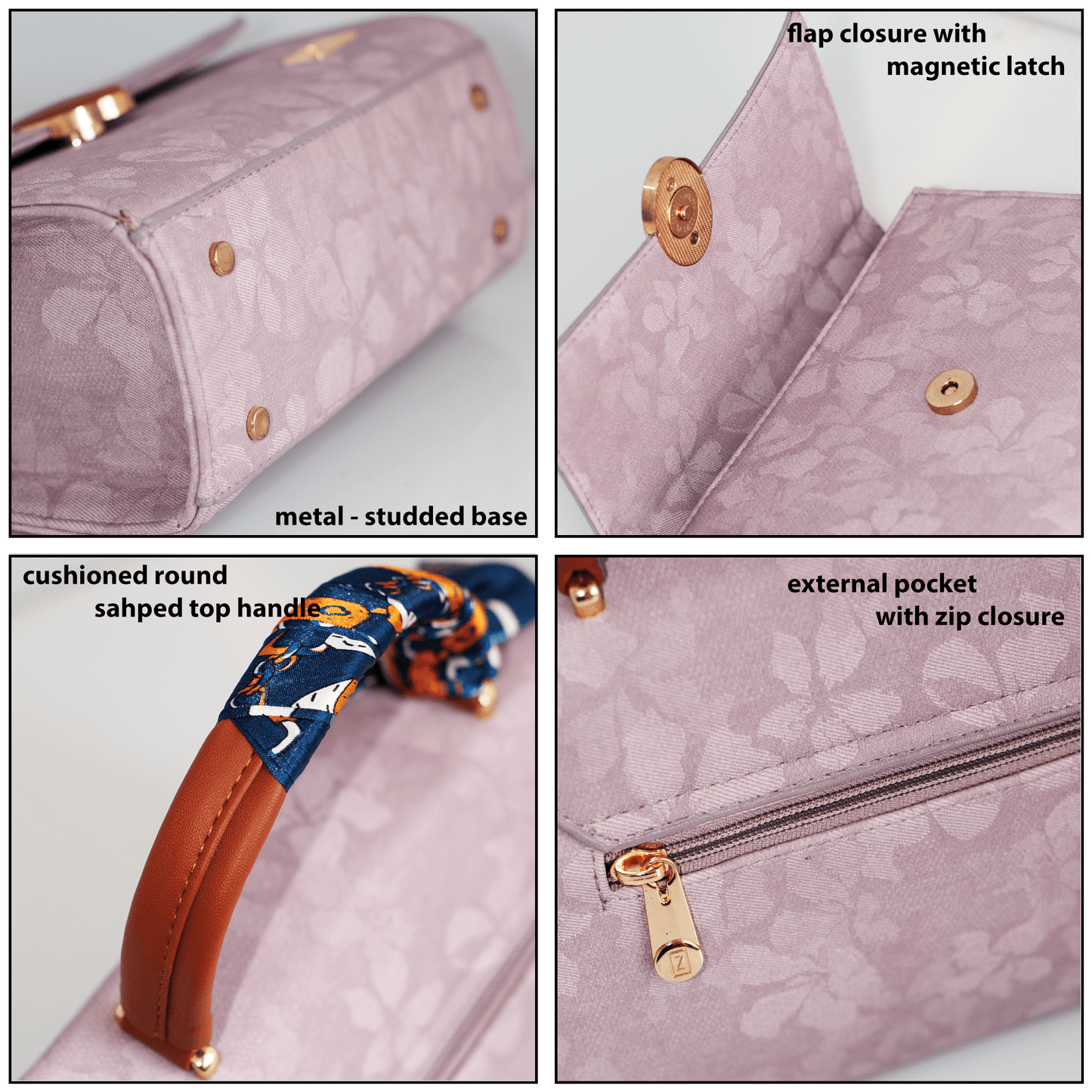 Elegant Pink Women’s Handbag – Stylish & Compact Shoulder Bag with Adjustable Sling, Multiple Compartments & Metal Studded Base - OZO Bags