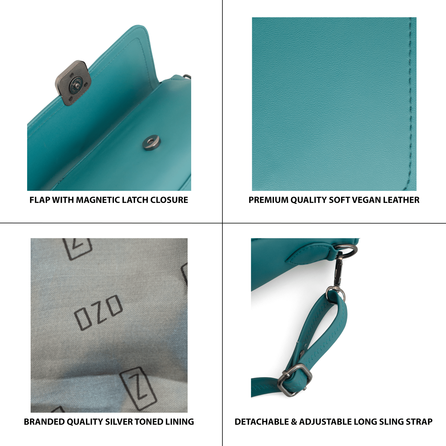 Elegant Teal Vegan Leather Sling Bag with Adjustable Strap, Magnetic Closure, and Multiple Compartments - OZO Bags