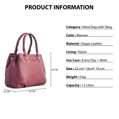 Maroon Vegan Leather Hand Bag with Sling - Detachable Strap, Spacious Compartments, Daily Use & Work Bag - OZO Bags
