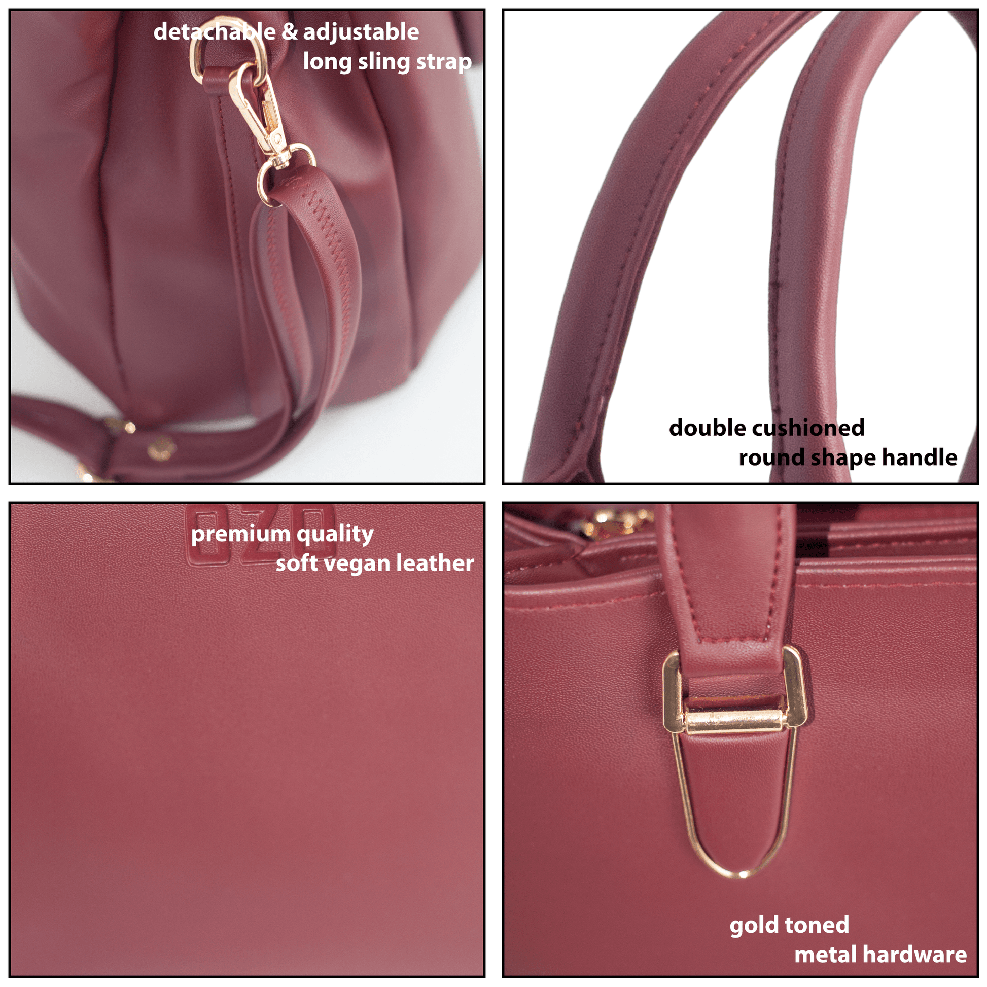 Maroon Vegan Leather Hand Bag with Sling - Detachable Strap, Spacious Compartments, Daily Use & Work Bag - OZO Bags
