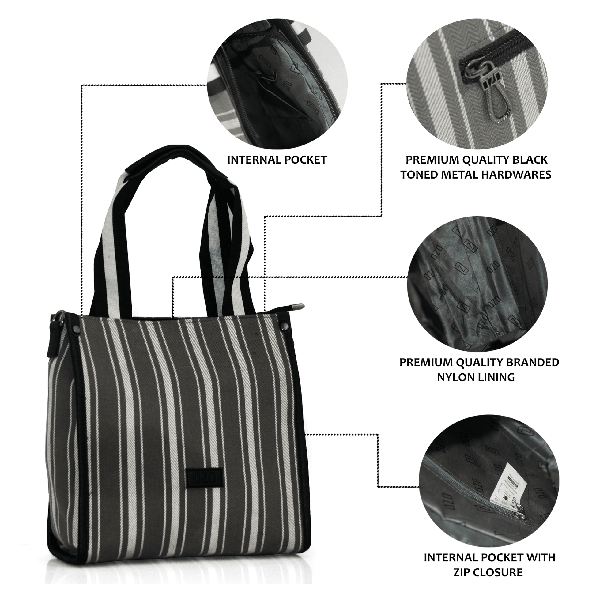 OZO Premium Striped Cotton Tote Bag with Multiple Pockets and Sling Strap - Durable, Lightweight, and Stylish Handbag for Women - OZO Bags