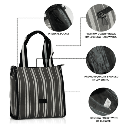 OZO Premium Striped Cotton Tote Bag with Multiple Pockets and Sling Strap - Durable, Lightweight, and Stylish Handbag for Women - OZO Bags