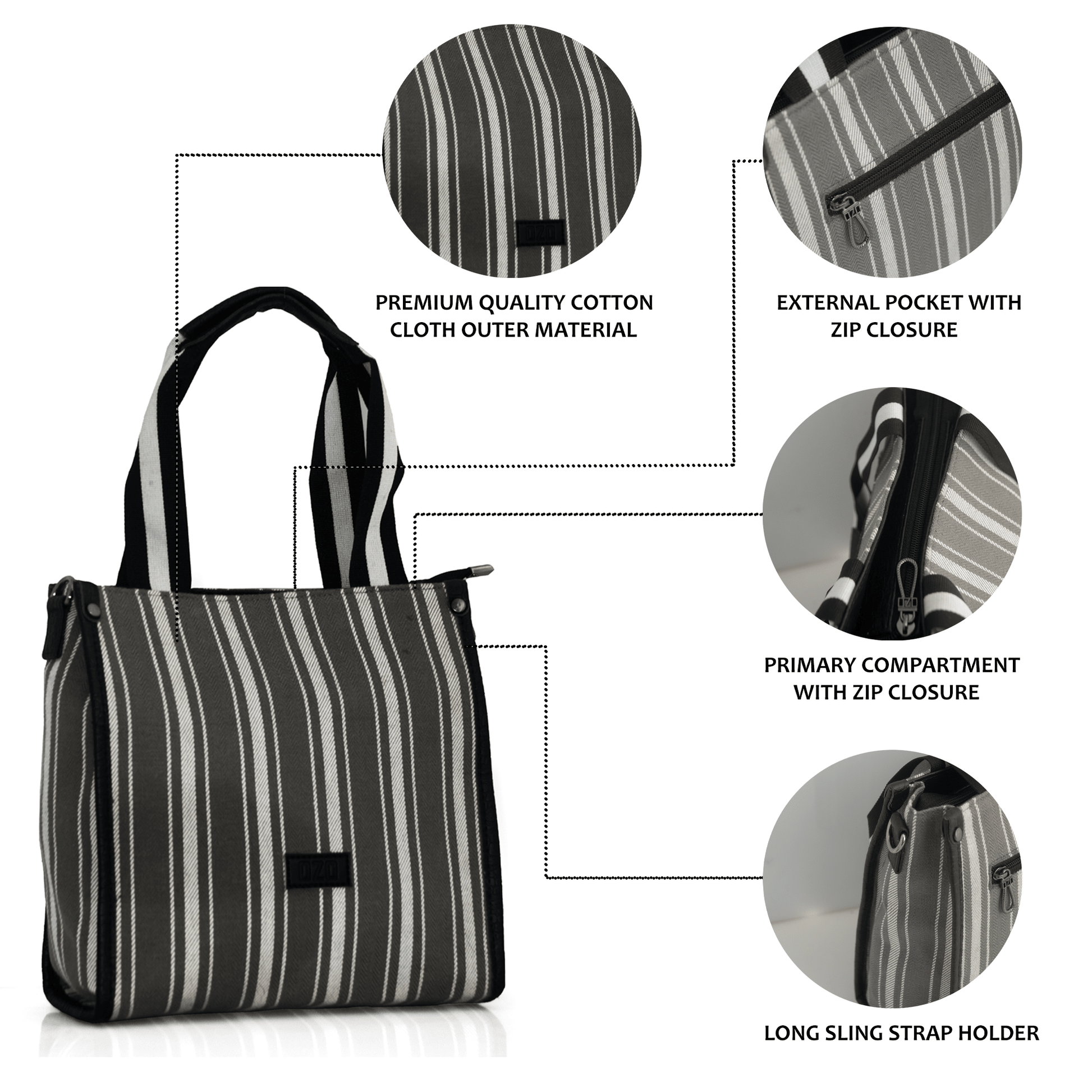 OZO Premium Striped Cotton Tote Bag with Multiple Pockets and Sling Strap - Durable, Lightweight, and Stylish Handbag for Women - OZO Bags