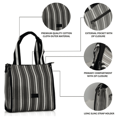 OZO Premium Striped Cotton Tote Bag with Multiple Pockets and Sling Strap - Durable, Lightweight, and Stylish Handbag for Women - OZO Bags
