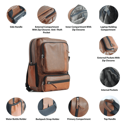 OZO Unisex Backpack 25L | Premium Vegan Leather Backpack | Vintage Travel Laptop Bag | Spacious & Stylish Office, School, and Casual Bag with Multiple Compartments & Anti-Theft Pocket - OZO Bags