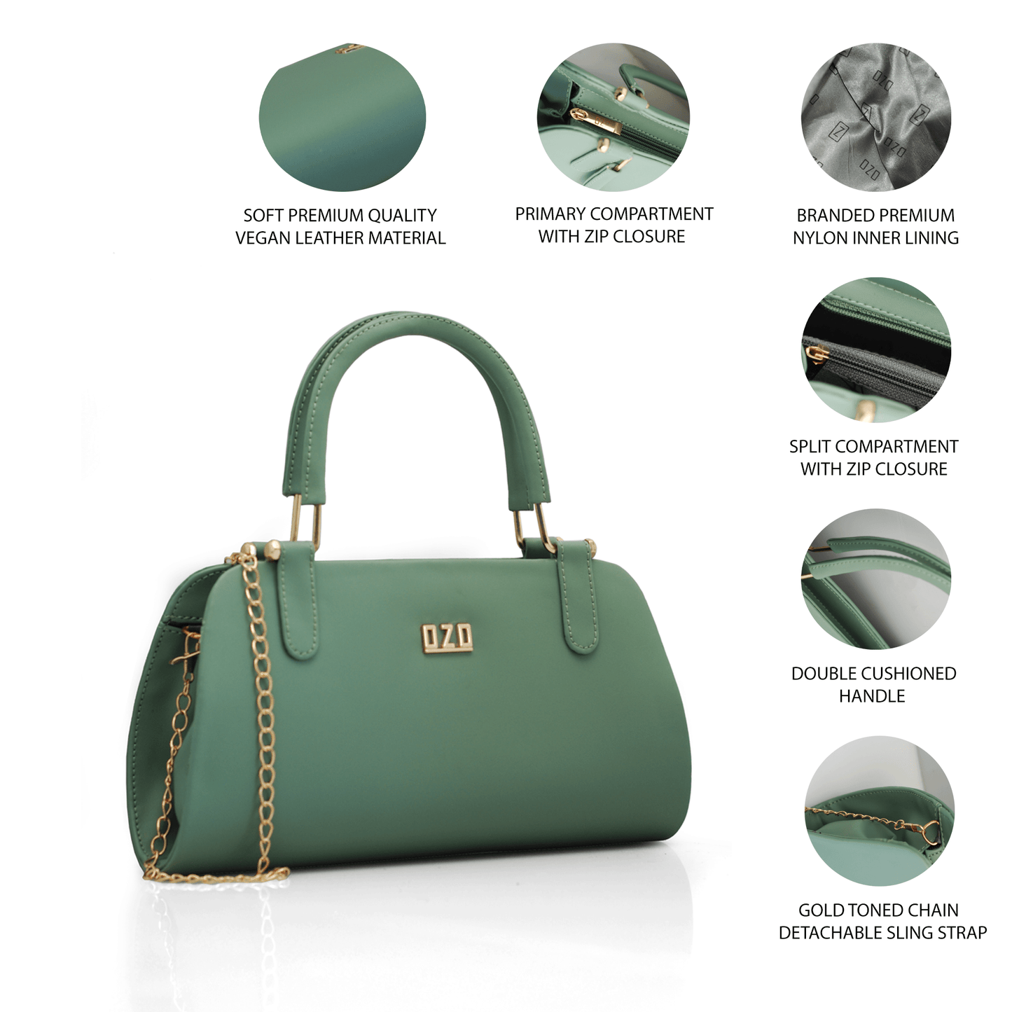 Premium Vegan Leather Handbag with Gold Chain Strap | Women's Fashion Purse with Double Cushioned Handles and Zip Closure - OZO Bags