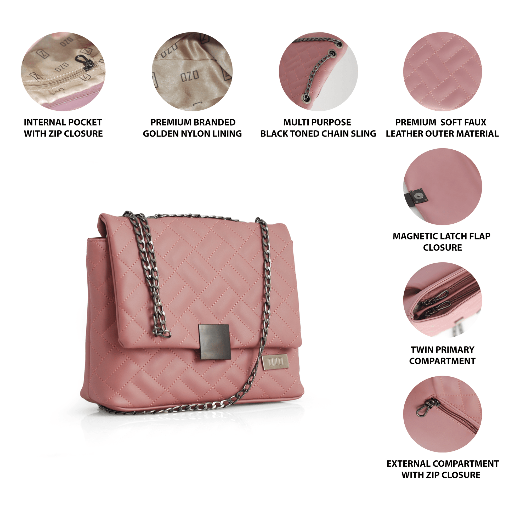Quilted Faux Leather Handbag with Black Chain Sling | Women's Magnetic Flap Closure Purse with Multiple Compartments - OZO Bags