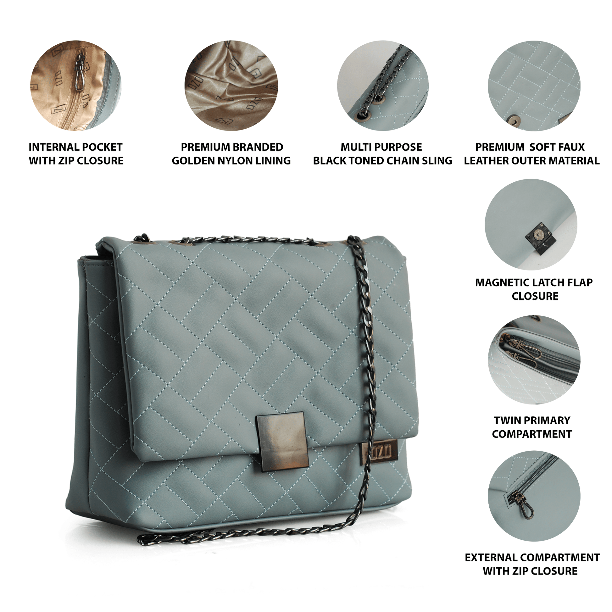 Quilted Faux Leather Handbag with Black Chain Sling | Women's Magnetic Flap Closure Purse with Multiple Compartments - OZO Bags