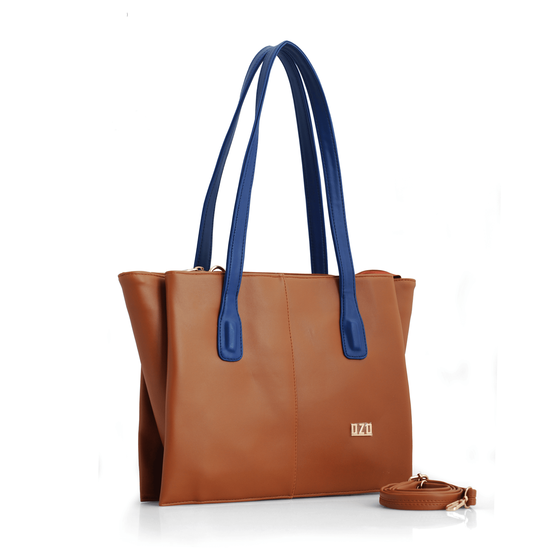 Stylish OZO Vegan Leather Tote Bag – Brown & Blue Handbag with Adjustable Strap for Women - OZO Bags