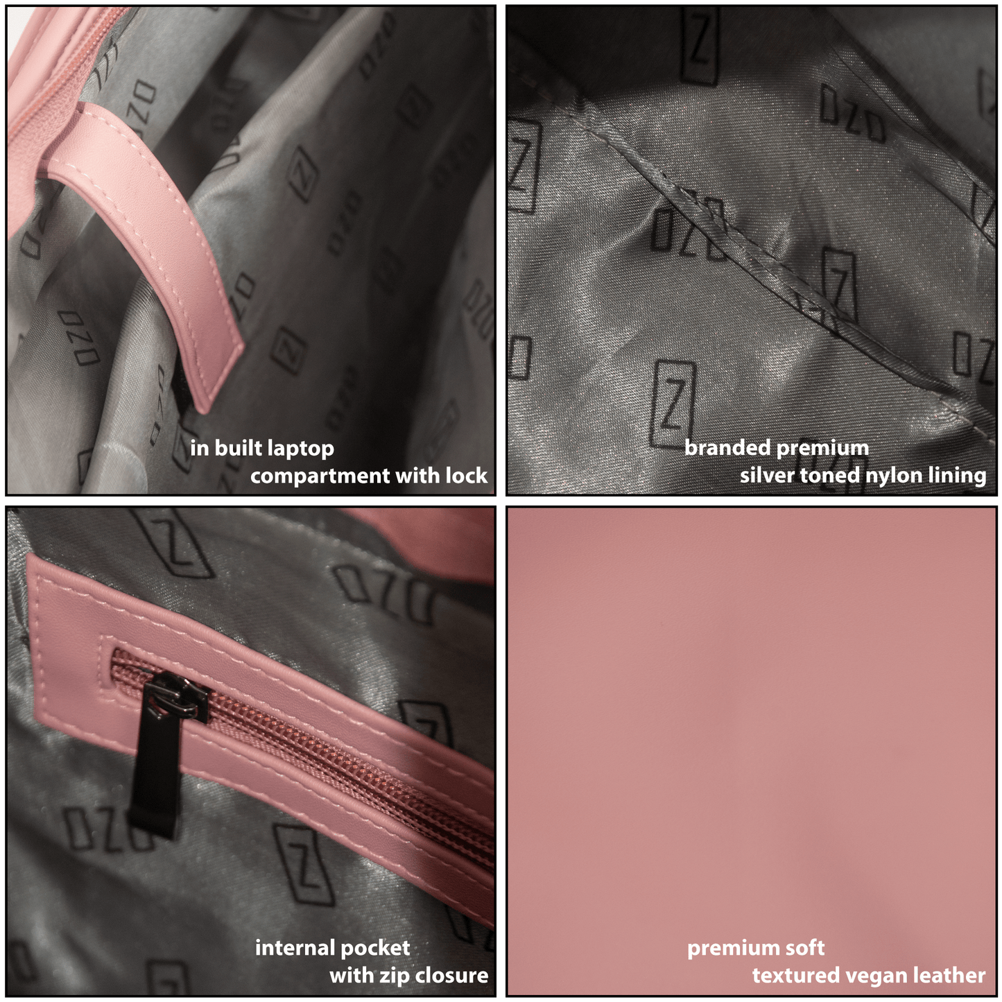 Stylish Pink Vegan Leather Hand Bag with Sling - 15.6" Laptop Sleeve Daily Use & Work Bag - OZO Bags