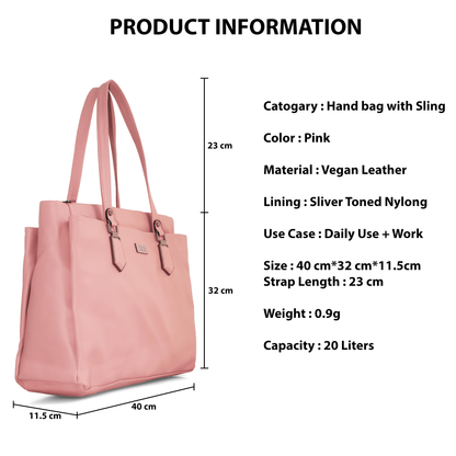 Stylish Pink Vegan Leather Hand Bag with Sling - 15.6" Laptop Sleeve Daily Use & Work Bag - OZO Bags