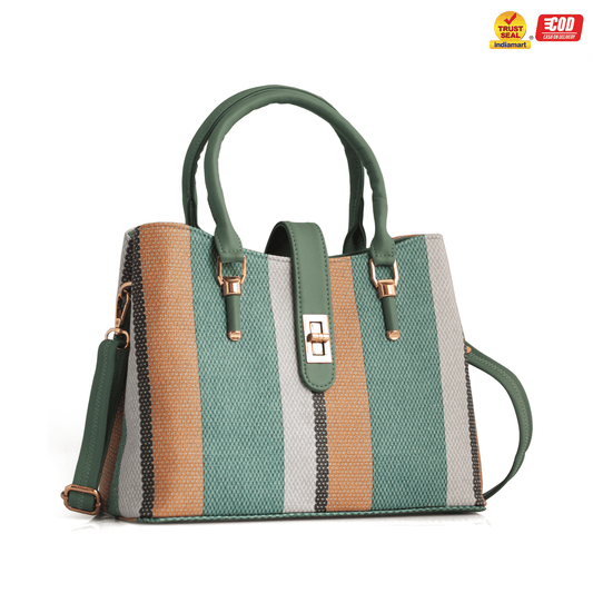 Stylish Striped Vegan Leather Handbag with Sling – Everyday & Work Use, 10L Capacity - OZO Bags