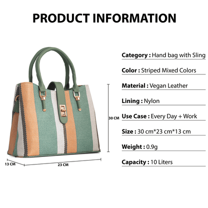 Stylish Striped Vegan Leather Handbag with Sling – Everyday & Work Use, 10L Capacity - OZO Bags