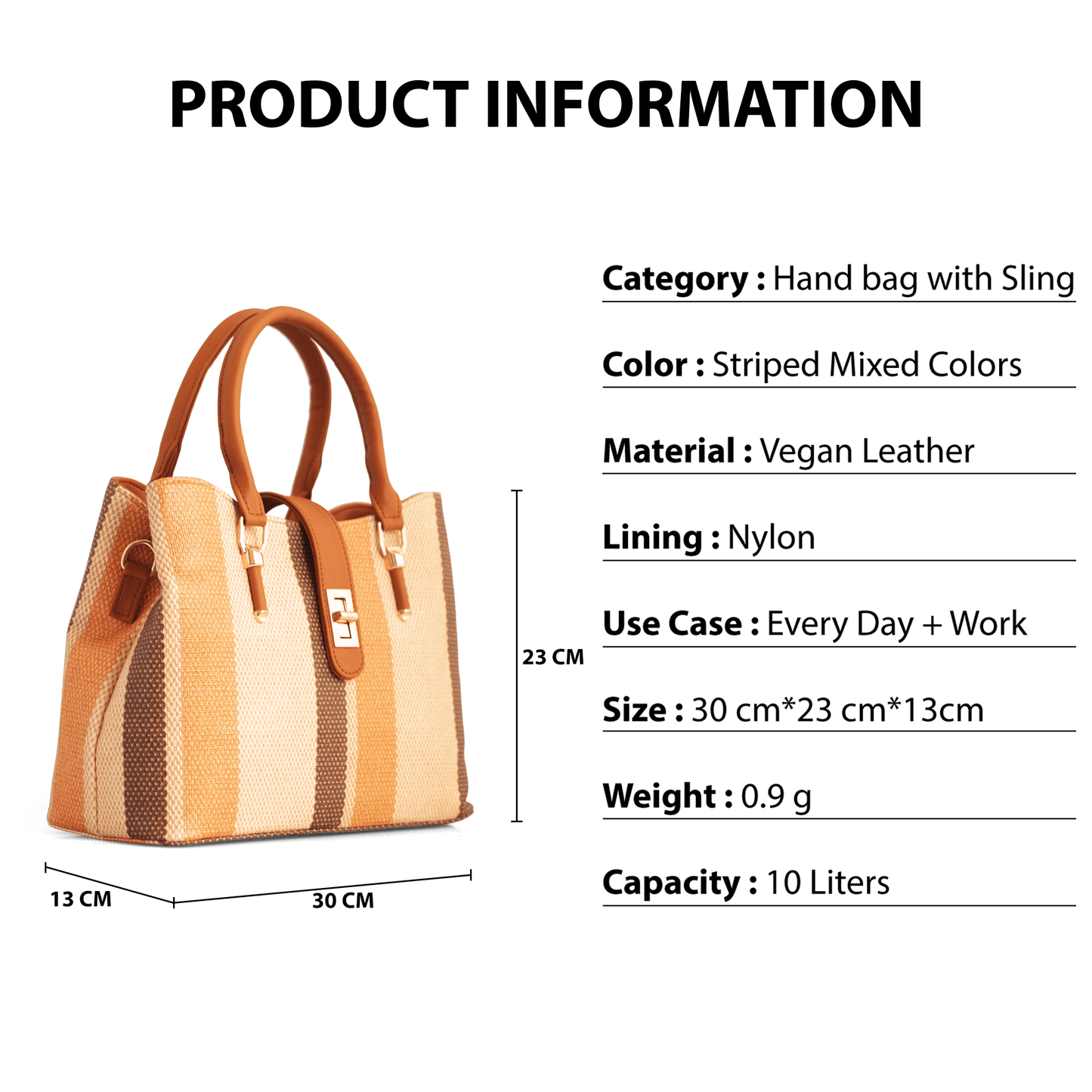 Stylish Striped Vegan Leather Handbag with Sling – Everyday & Work Use, 10L Capacity - OZO Bags