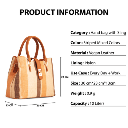 Stylish Striped Vegan Leather Handbag with Sling – Everyday & Work Use, 10L Capacity - OZO Bags