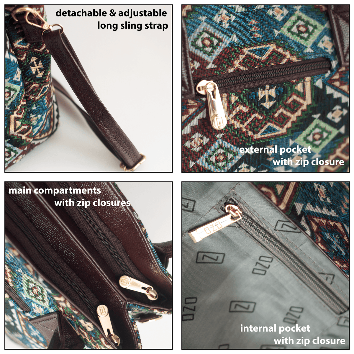 Trendy Women's Handbag with Ethnic Print – Spacious, Multi-Compartment Bag with Adjustable Sling Strap - OZO Bags