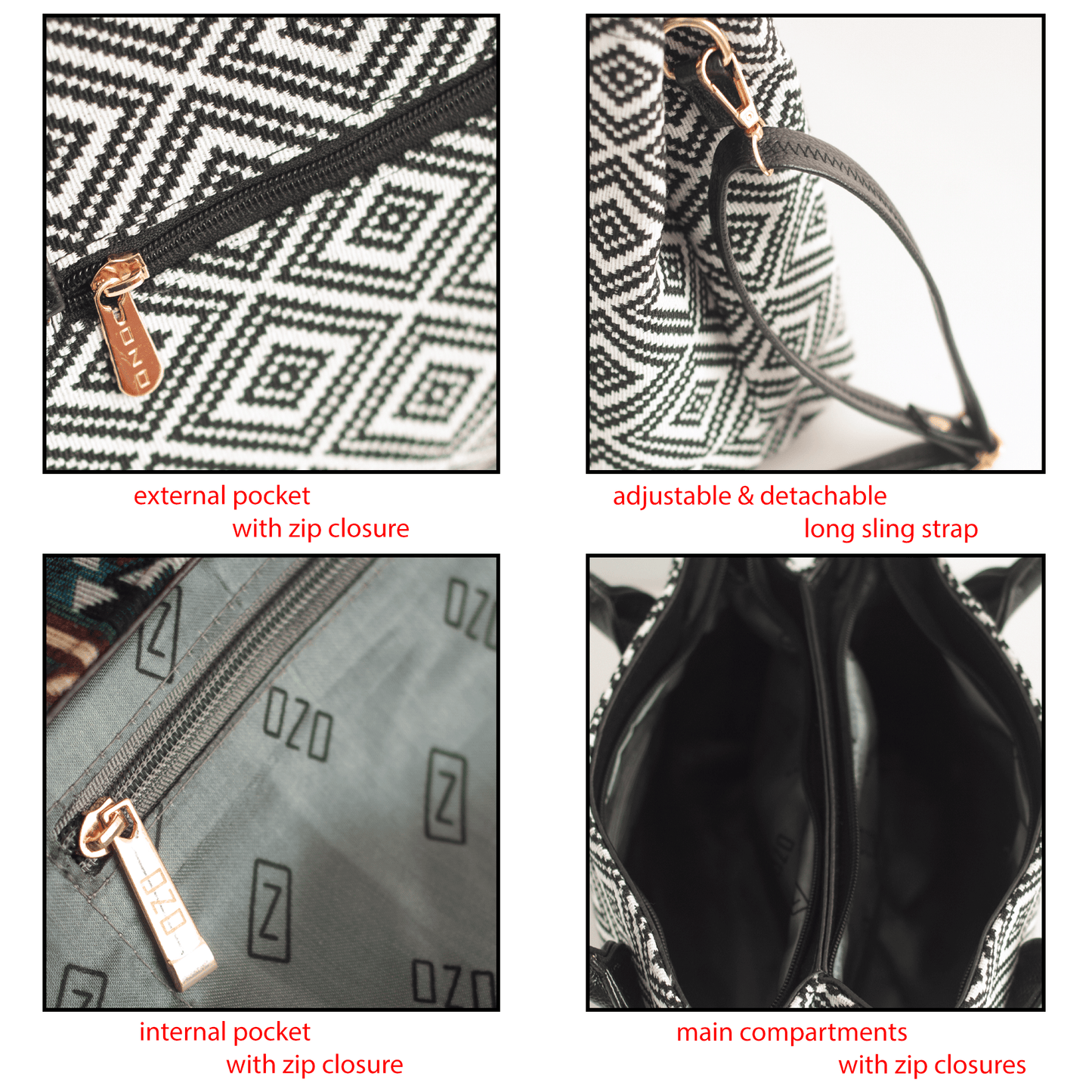 Trendy Women's Handbag with Ethnic Print – Spacious, Multi-Compartment Bag with Adjustable Sling Strap - OZO Bags