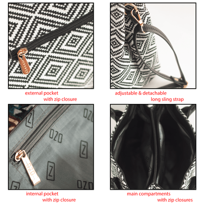 Trendy Women's Handbag with Ethnic Print – Spacious, Multi-Compartment Bag with Adjustable Sling Strap - OZO Bags