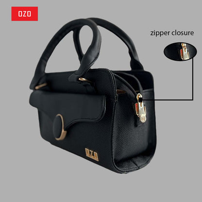 OZO Women’s Vegan Leather Handbag – Elegant Black Shoulder Bag with Zipper Closure, Multiple Pockets & Premium Gold Hardware