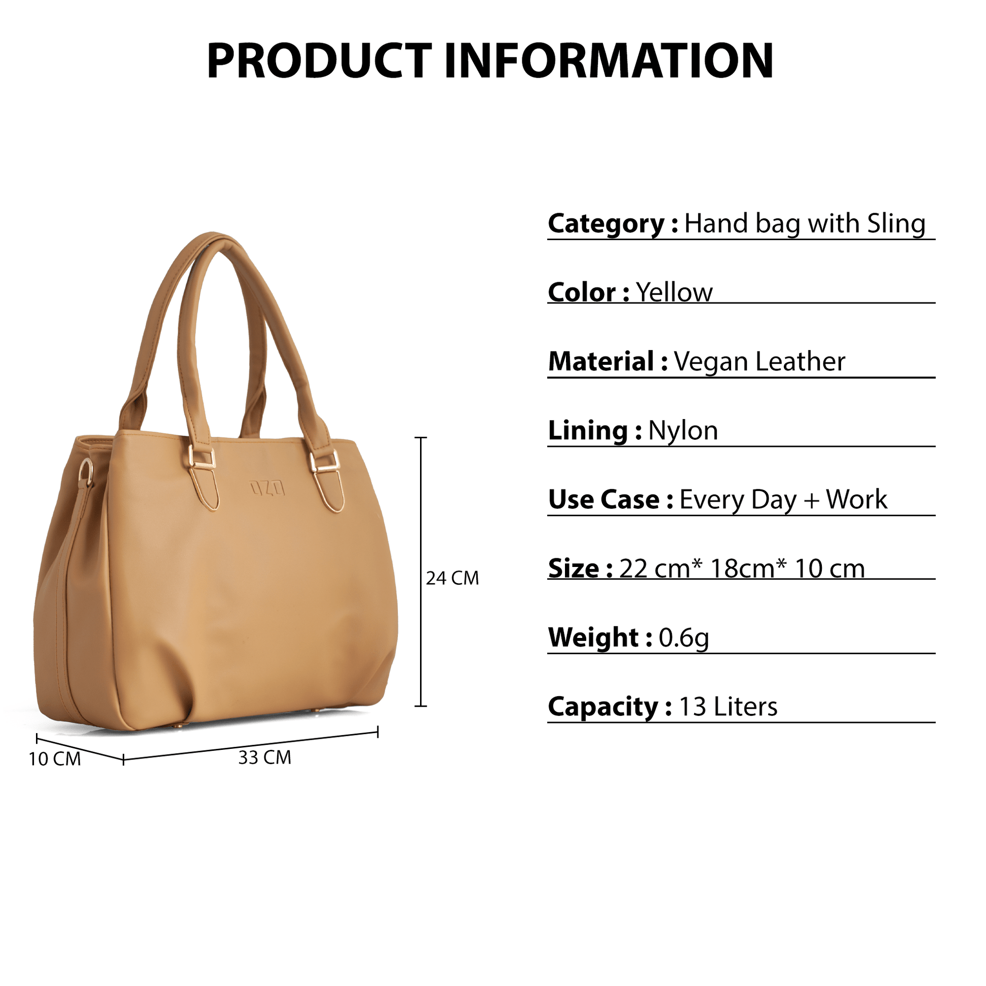 Yellow Vegan Leather Hand Bag with Sling - Detachable Strap, Spacious Compartments, Daily Use & Work Bag - OZO Bags